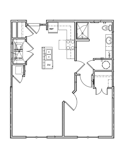 Floor plan for 1 bed, 1 bath, 690 sqft